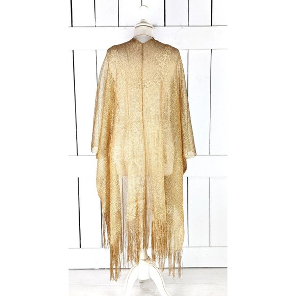 Gold metallic mesh kimono cover up fringe jacket - Picture 5 of 6